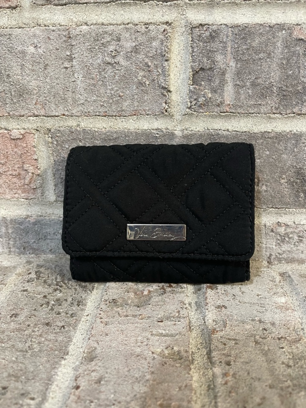 Vera Bradley Black Quilted Trifold Wallet with Metal Logo Plate